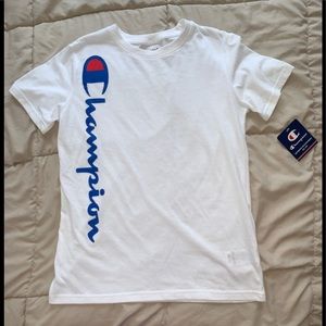 White Champion Vertical Script Logo Tee